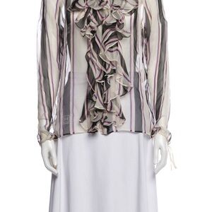 CHANEL Sheer Striped Ruffle Front Blouse in Ivory, Black & Pink